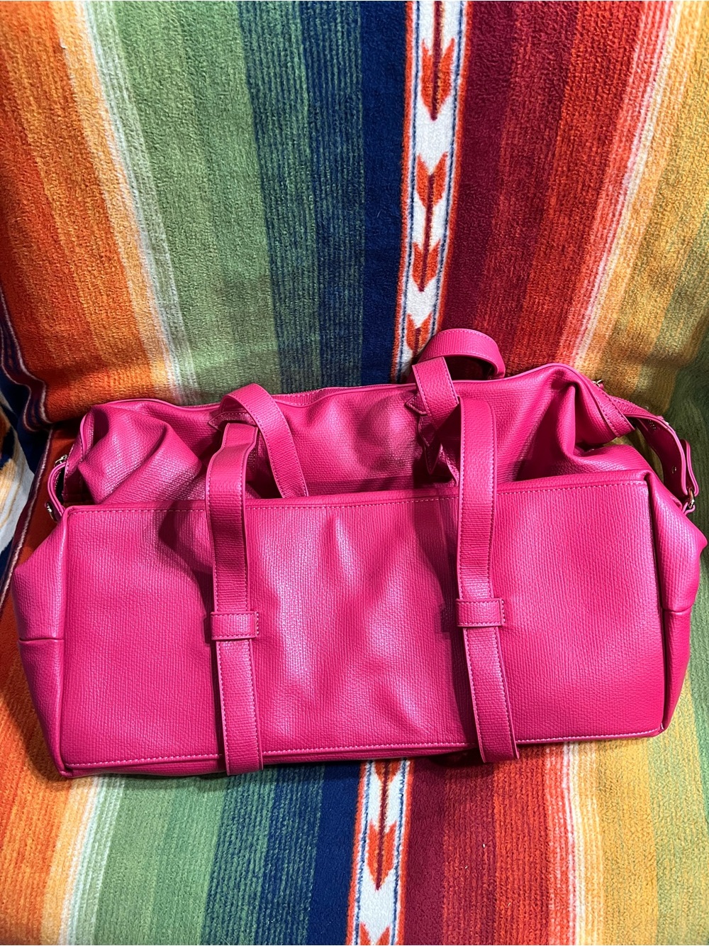 Travel Tote Bag in Bright Pink Leather with Dual Carry Handles - Picture 2 of 5